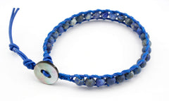 Fashionable Leather bracelet with matte Lapis round beads (ETO00032)