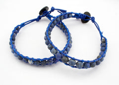 Fashionable Leather bracelet with matte Lapis round beads (ETO00032)
