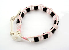 Fashionable Leather bracelet with Rose Quartz round beads & Black Jade square beads (ETO00033)